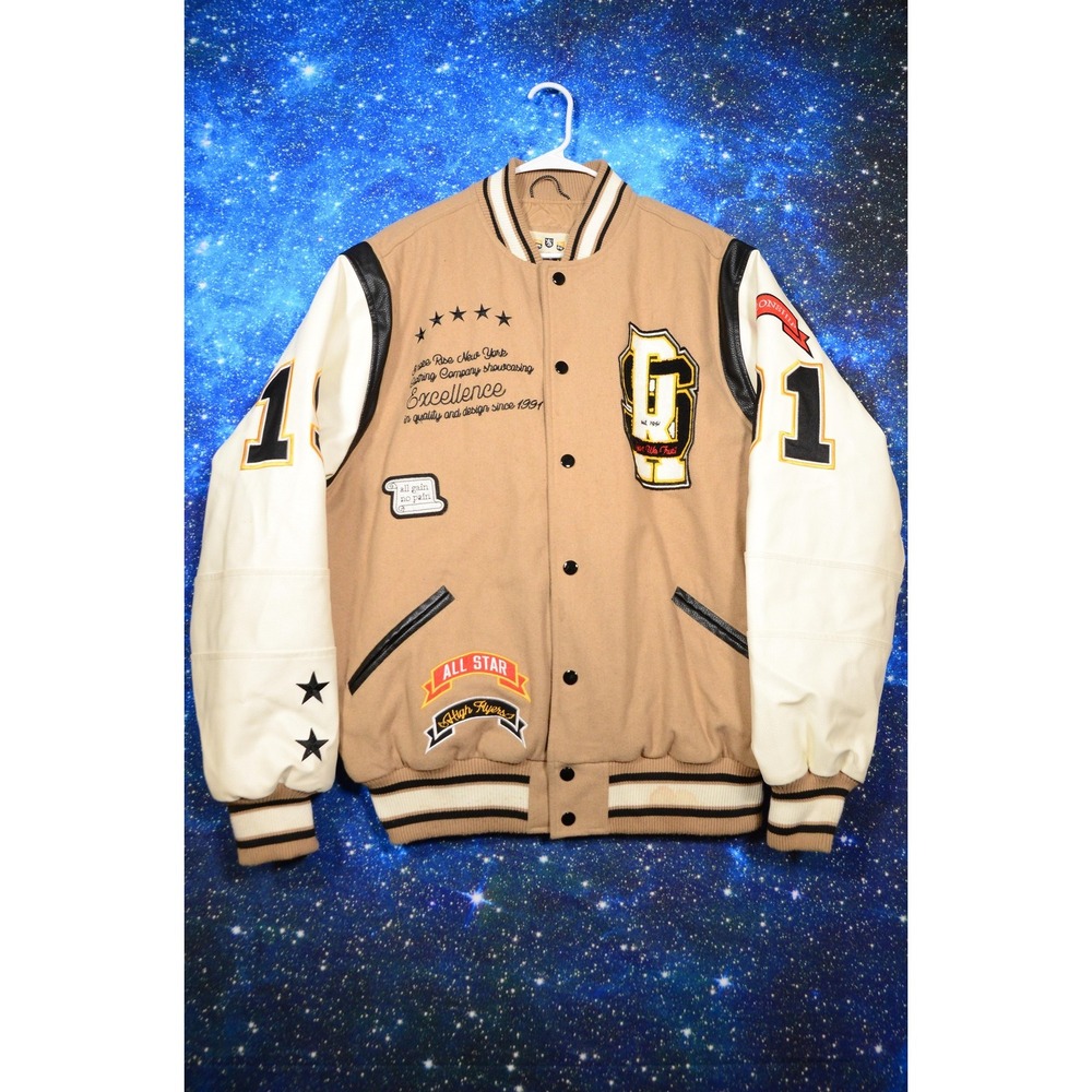 Smoke Rise Varsity Jacket Mens 2XL Tan White Letterman Quilted Snap Patches